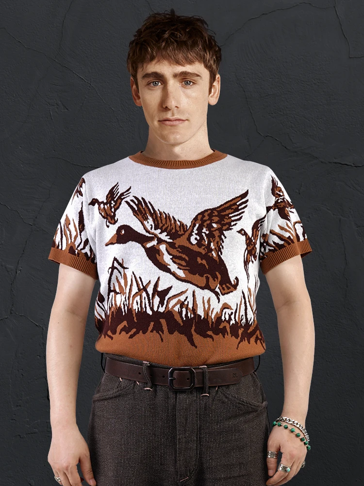 

Retro American Du Knitted ort Sve T-irt Pure Cotton Casual round Ne Cool Feeling Spring Summer Men's Non-RRL