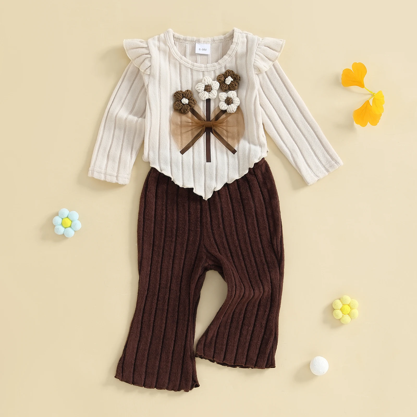0-3Y Toddler Girl Fall Outfits Crochet Flower Long Sleeve Round Neck Pullover + Elastic Waist Ribbed Flare Pants 2 Pcs Set