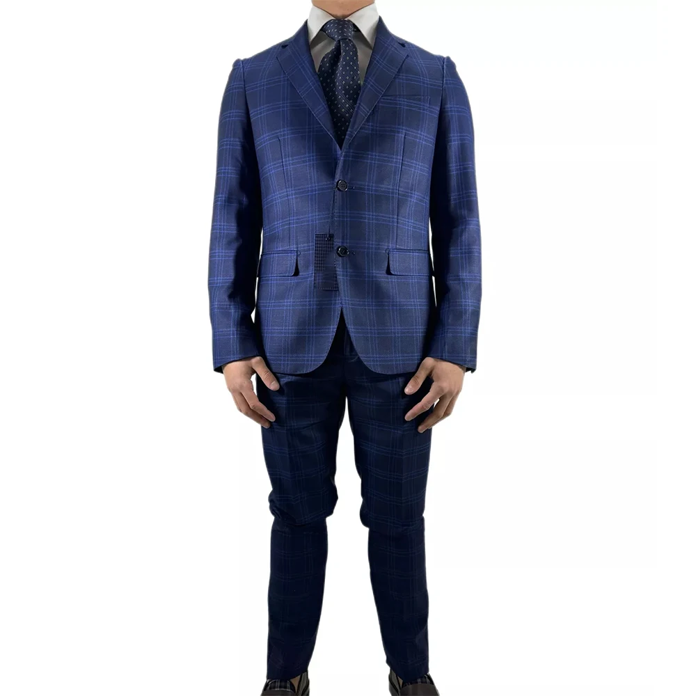 

Blue Plaid Men Suits Single Breasted Notch Lapel Full Sets High Quality Slim Fit Costume Homme Custom Made Blazer Terno 2024