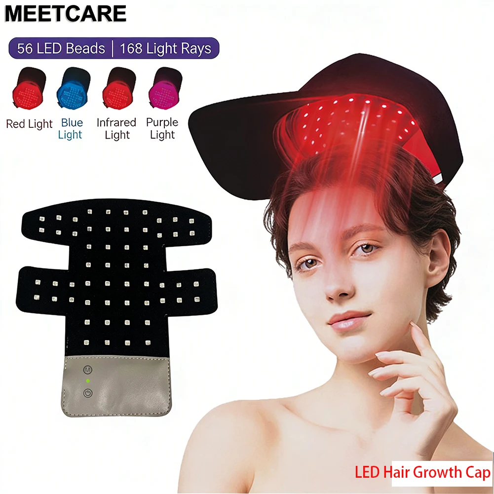 

56pcs LED Hair Growth Hat 660nm&850nm Infrared Red Light Therapy Cap Electric Anti Hair Loss Scalp Care Flat Hat Head Massager