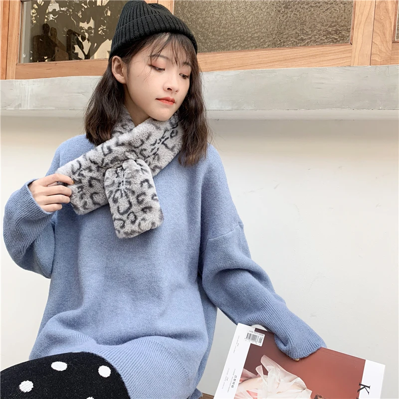 Faux Rabbit Fur Scarf Collar for Women Leopard Print Fluffy Scarf Thick Warm Lady Korean Fashion Winter