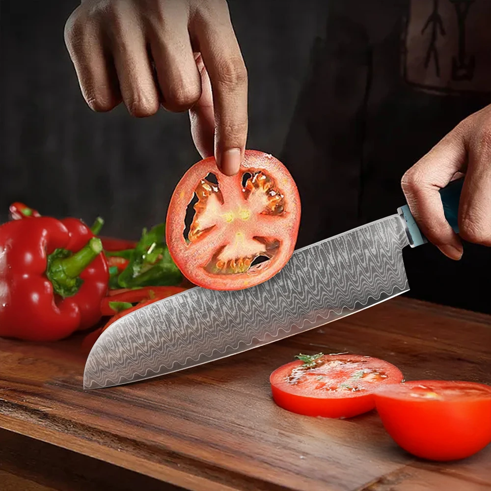 Santoku-Messer, Damaststahl mit blauem Griff, multifunktionales VG-10-Damast-Küchenmesser für professionelle und Amateurküchen. – Detail 4