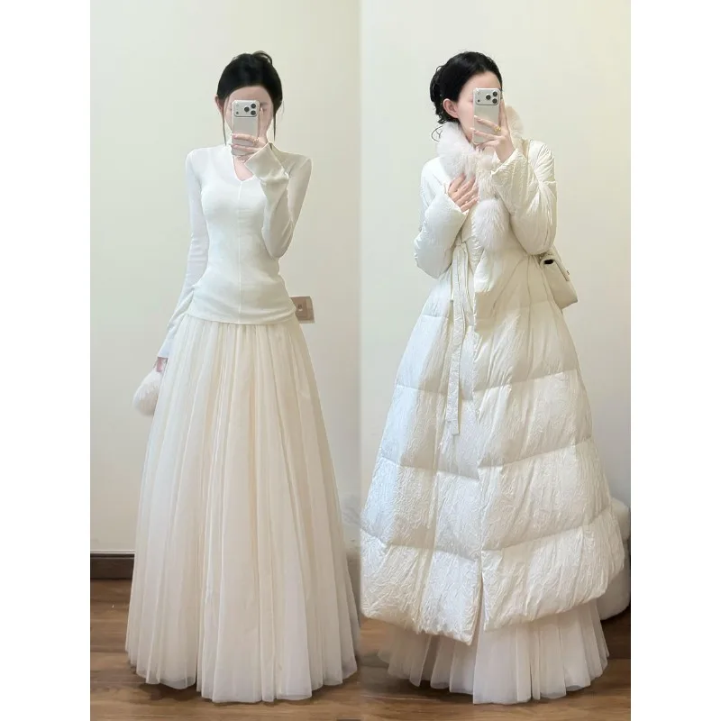 

Красивая одежда в корейском стиле, полный комплект с меховым воротником, темпераментная теплая хлопковая одежда, куртка, нижняя рубашка, комплект сетчатой юбки