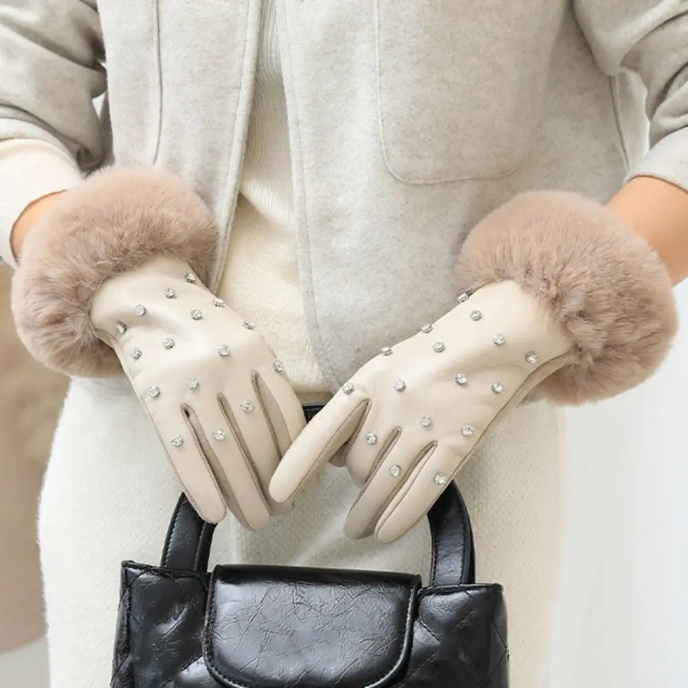

Luxury Faux Fur Trim Cuff PU Leather Gloves Touchscreen Lined Winter Thermal Gloves Rhinestone Windproof Warm Gloves for Women