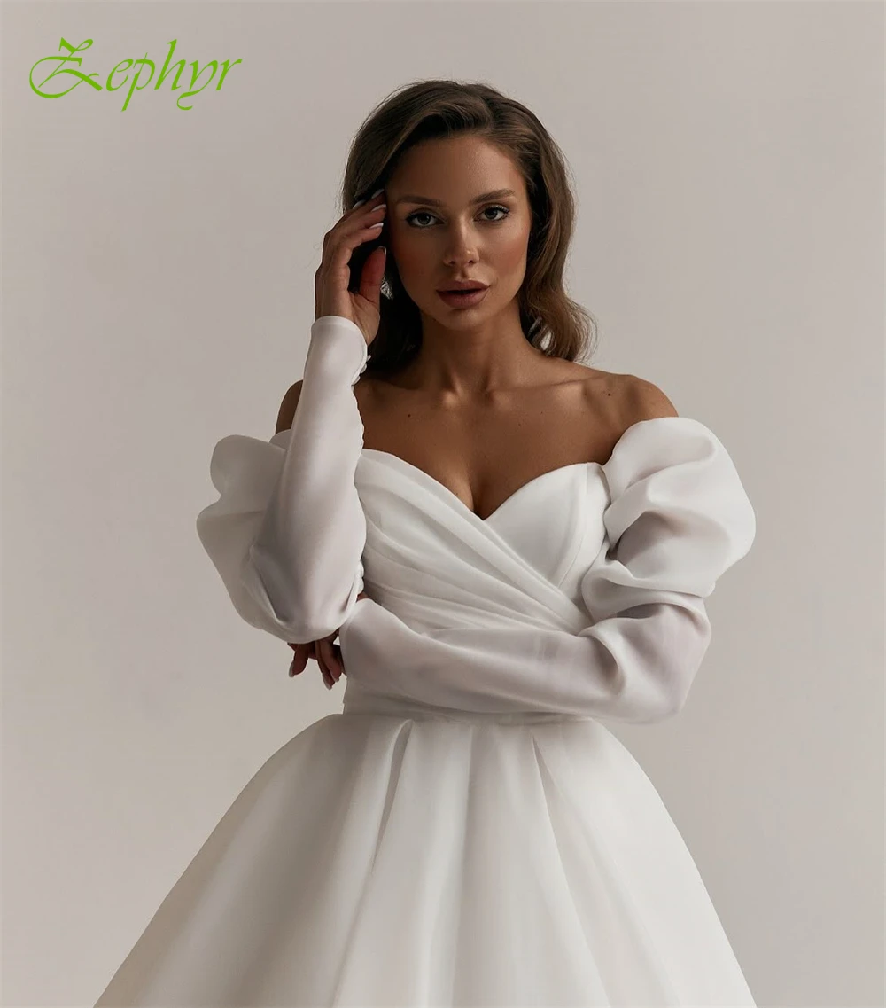 Vestido de novia de Organza blanco elegante personalizado, vestidos de novia sexis de manga larga con escote en forma de corazón, vestido de novia bohemio de corte en A