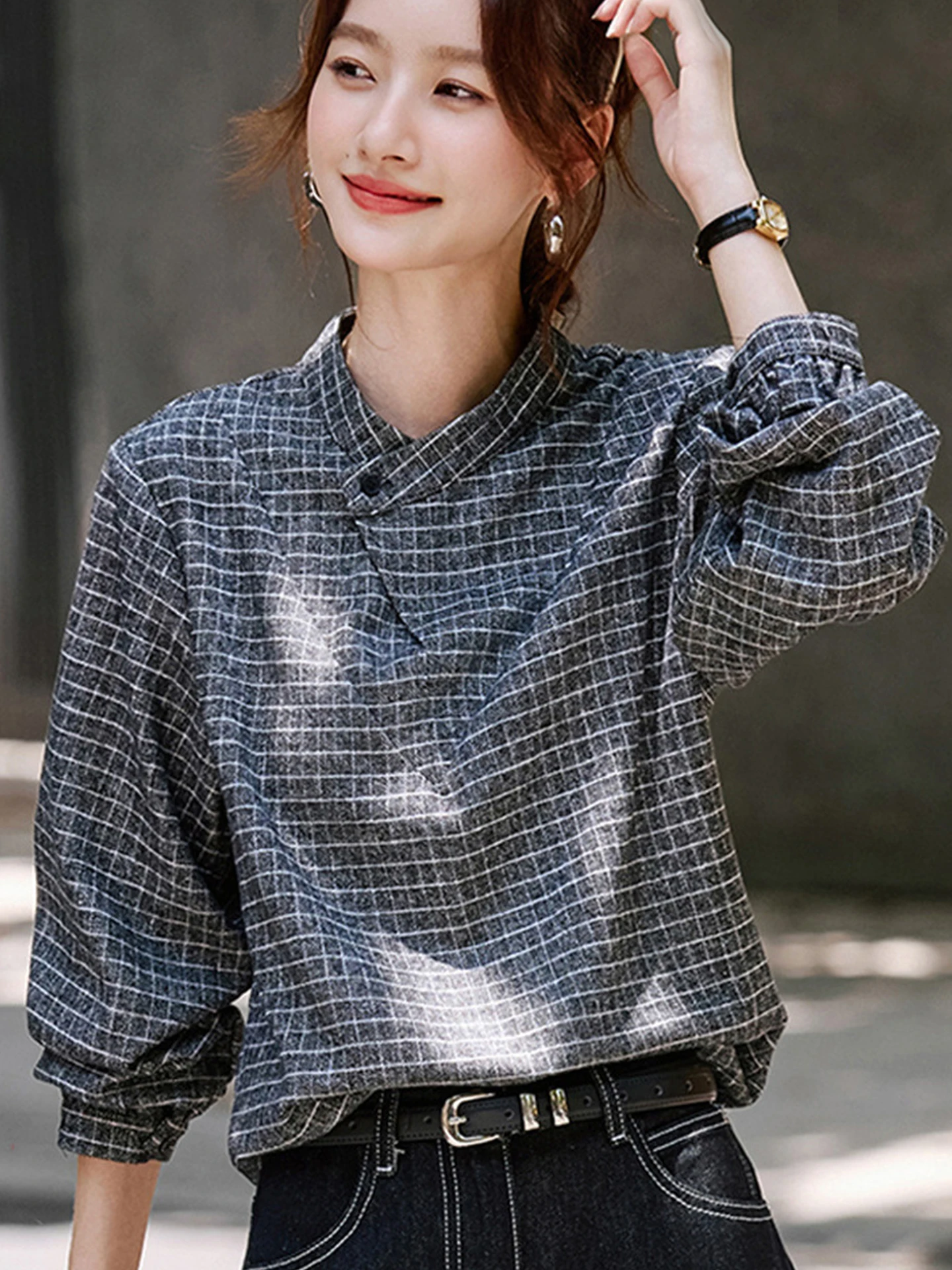 

Женская свободная удобная рубашка в клетку в корейском стиле, прямого кроя, с длинными рукавами, для ранней осени