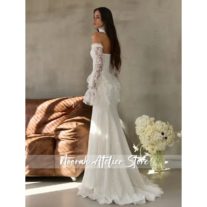 Off Shoulder Full Lace Wedding Gown Puff Bell Long Sleeves Corset A Line Ballgown Bridal Dress With Train