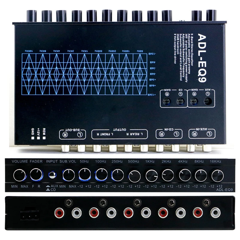 9-Band Car Audio Equalizer 1/2 DIN Pre-Amp，with CD/AUX Input Select Switch，Subwoofer Outputs