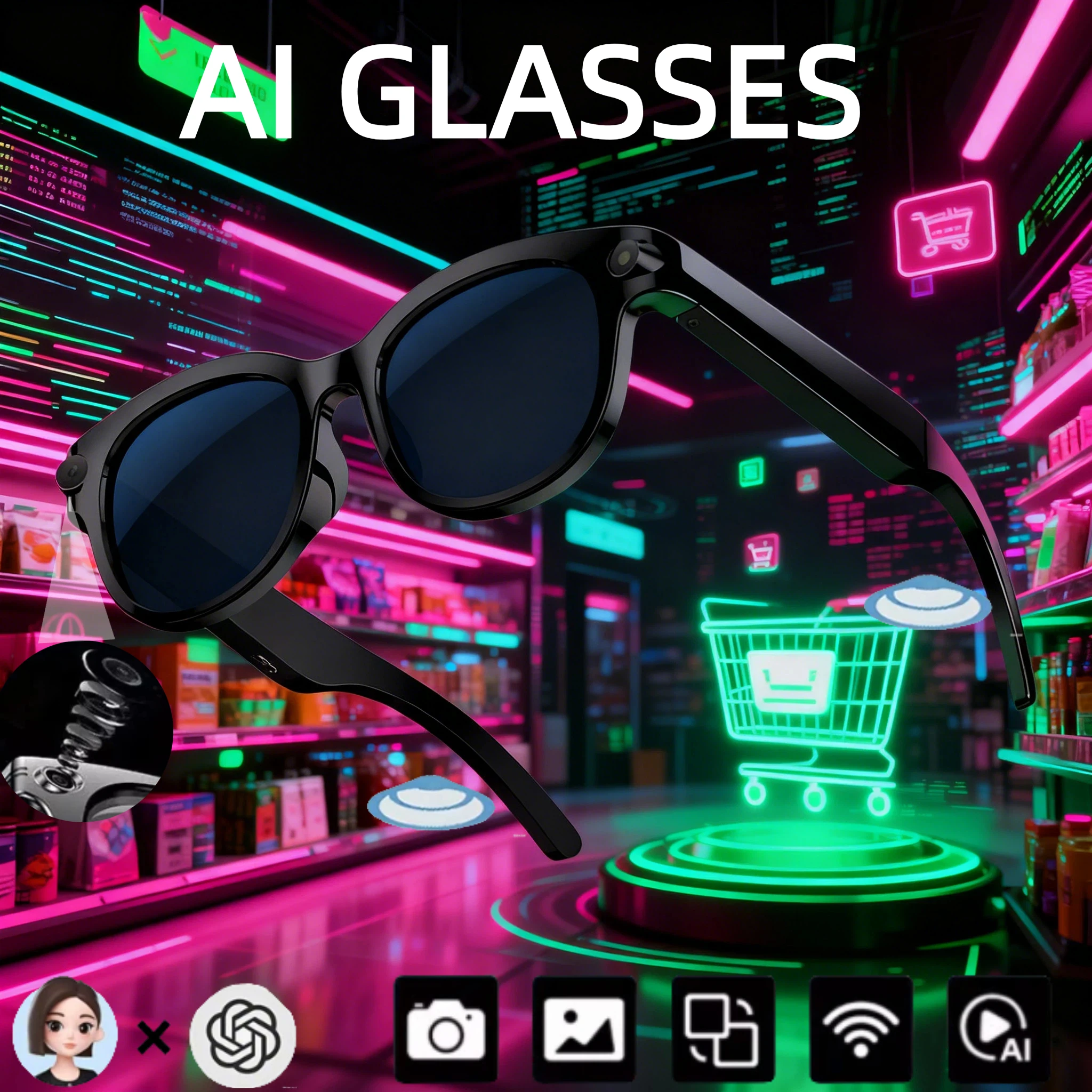 

4K Intelligent Ai Camera Glasses 400w Pixel HD Shooting Translation Bluetooth Call LED Intelligent Recognition Sunglasses 2026