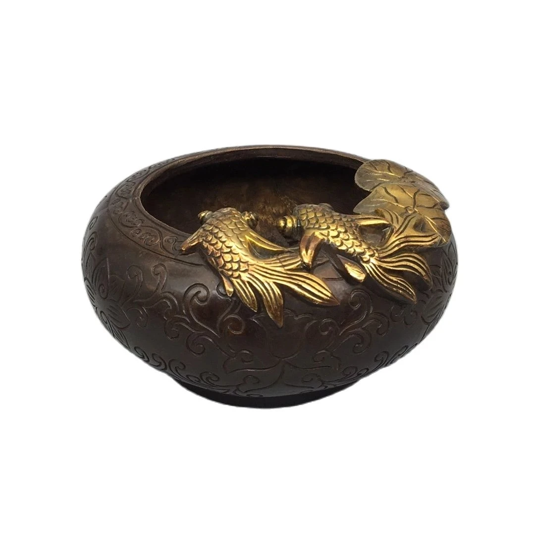 

Collection Chinese High Quality Old Bronze Gilt Pot /Goldfish Ashtray, Art Decoration Metal Jar Crafts For Desk,