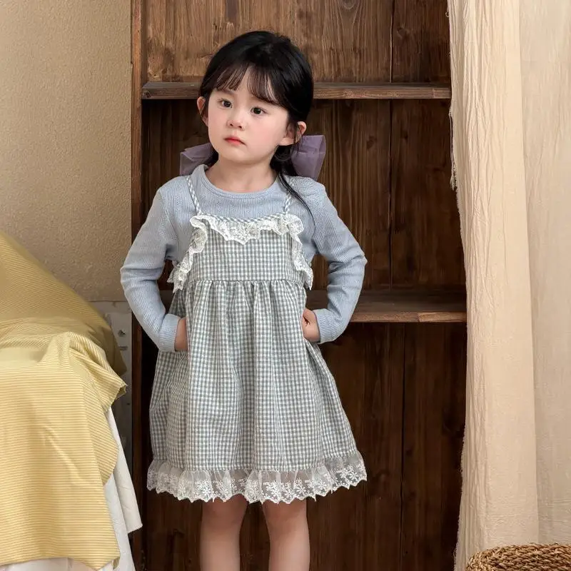 2026 Spring New Girls Sleeveless Sling Dress Cotton Children Princess Dress Baby Girl Lace Plaid Vest Dress Kids Clothes