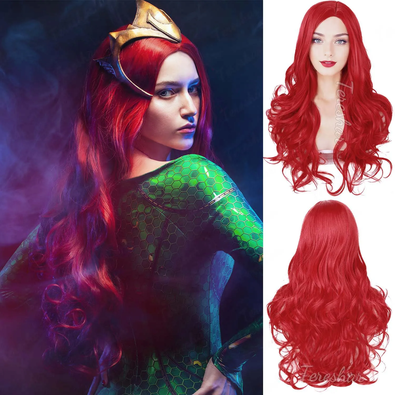 باروكات ميرا الاصطناعية، جزء جانبي، شعر مستعار أحمر طويل مجعد ومموج للنساء، شعر مستعار حورية البحر أنيق لحفلات الهالوين التنكرية اليومية #1