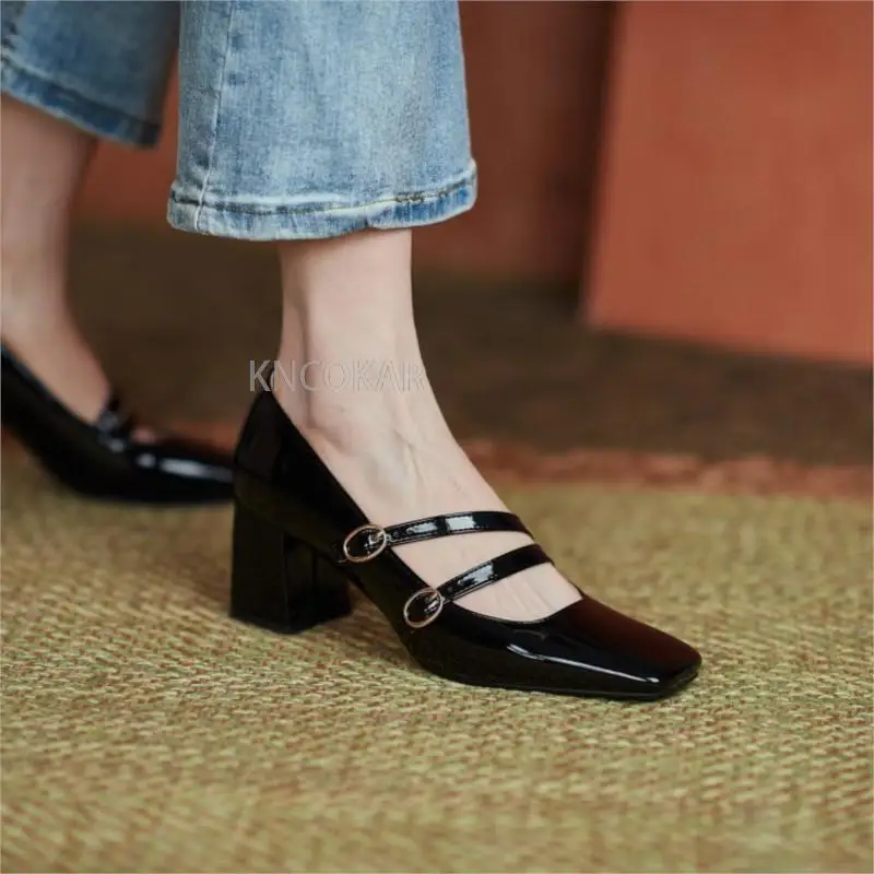 2022 new fashion red wedding shoes square toe buckle thick heel women\'s shoes high heels spring and autumn shoes 33-46