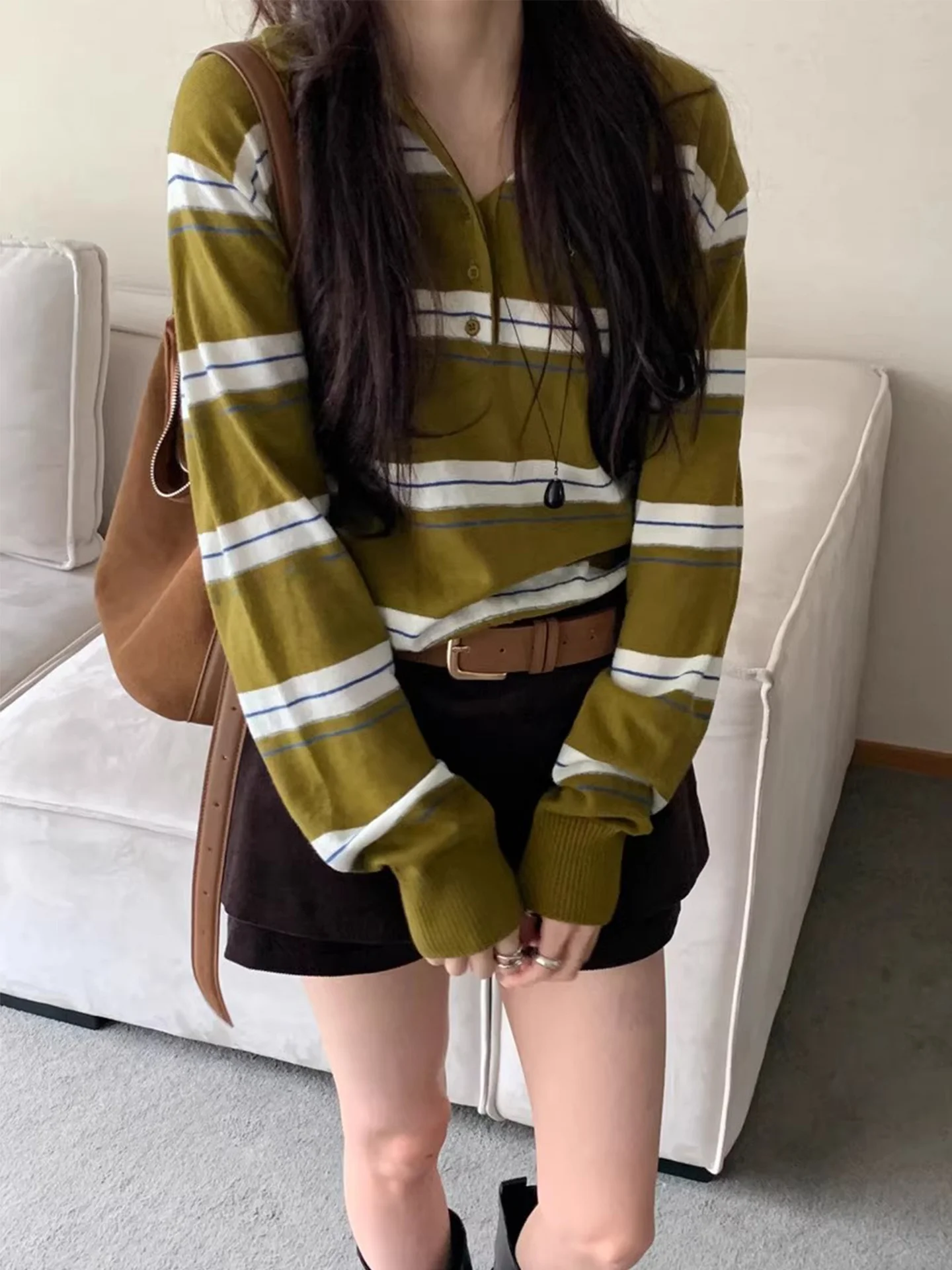 시크한 가을 겨울 신상 레트로 안티에이징 네이지 루즈 컬러 블록 롱 스트라이프 니트 스웨터 여성용