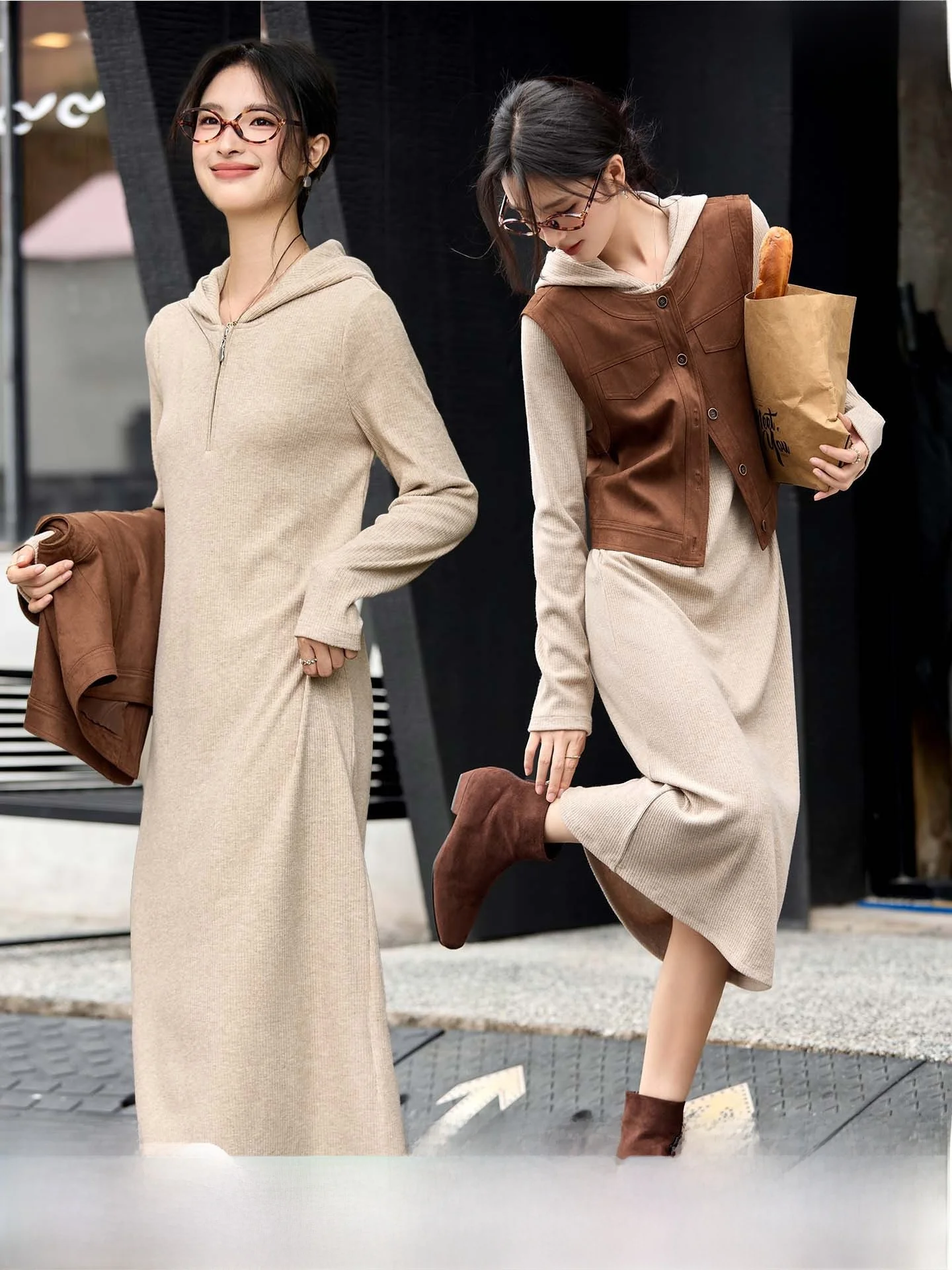 

Retro Women's Two-Piece Set round Ne Vest with Hooded Dr Winter Faion Ele Sle Polyester Fiber Long Sve Cardigan