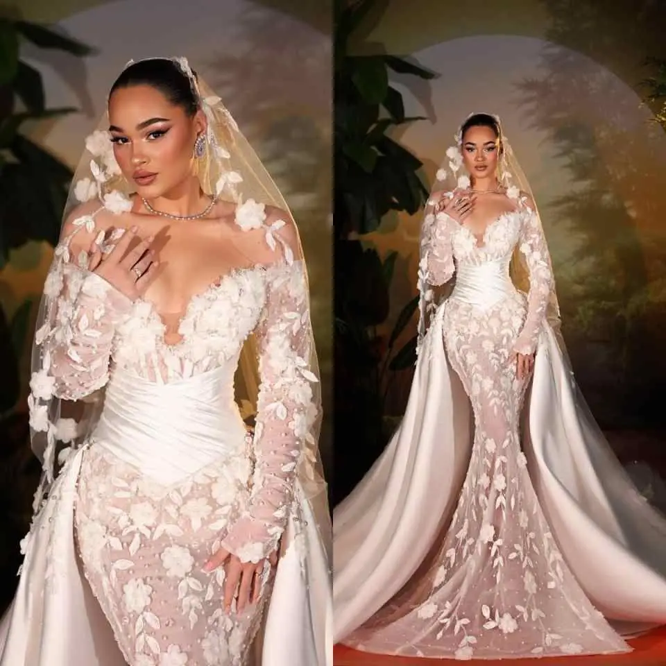 Customized Mermaid Wedding Dress Off Shoulder Appliques Pearls Bride Dresses Detachable Sweep Bridal Gowns
