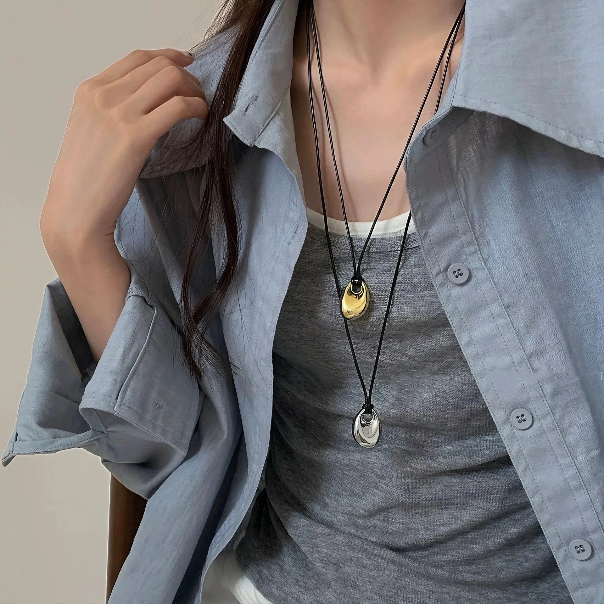 Yupsk Adjustable PU Leather Cord Necklace Irregular Bean Pendant Clavicle Chain Geometric Charm Neckchain Unisex Accessory