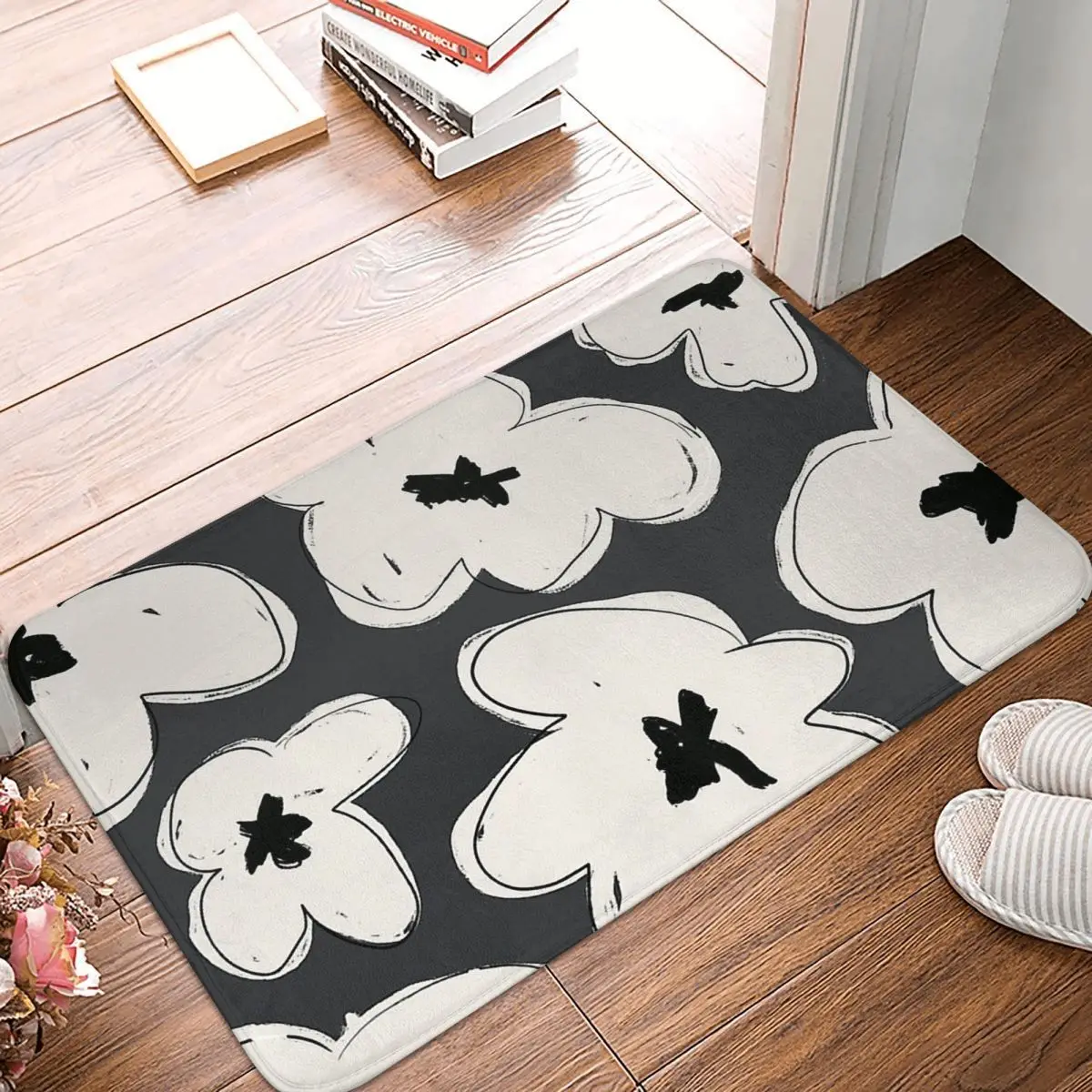 Boho Flower Non-slip Doormat Kitchen Mat Bold Daisies Pattern In Black And White - Daisy Sketch Drawing Floor Carpet Welcome Rug