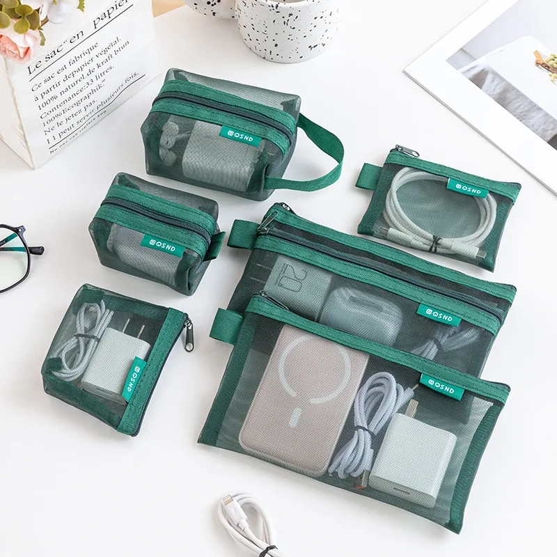 6pcs Transparent mesh storage bag, data cable digital bag coin purse Card key bus card headphone bag Charging head bag