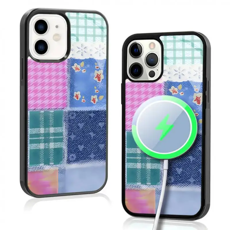 Patchwork Design Phone Case For IPhone 11 12 13 14 15 Plus Pro Max Mirror Acrylic Cover For Magsafe Wireless Charging