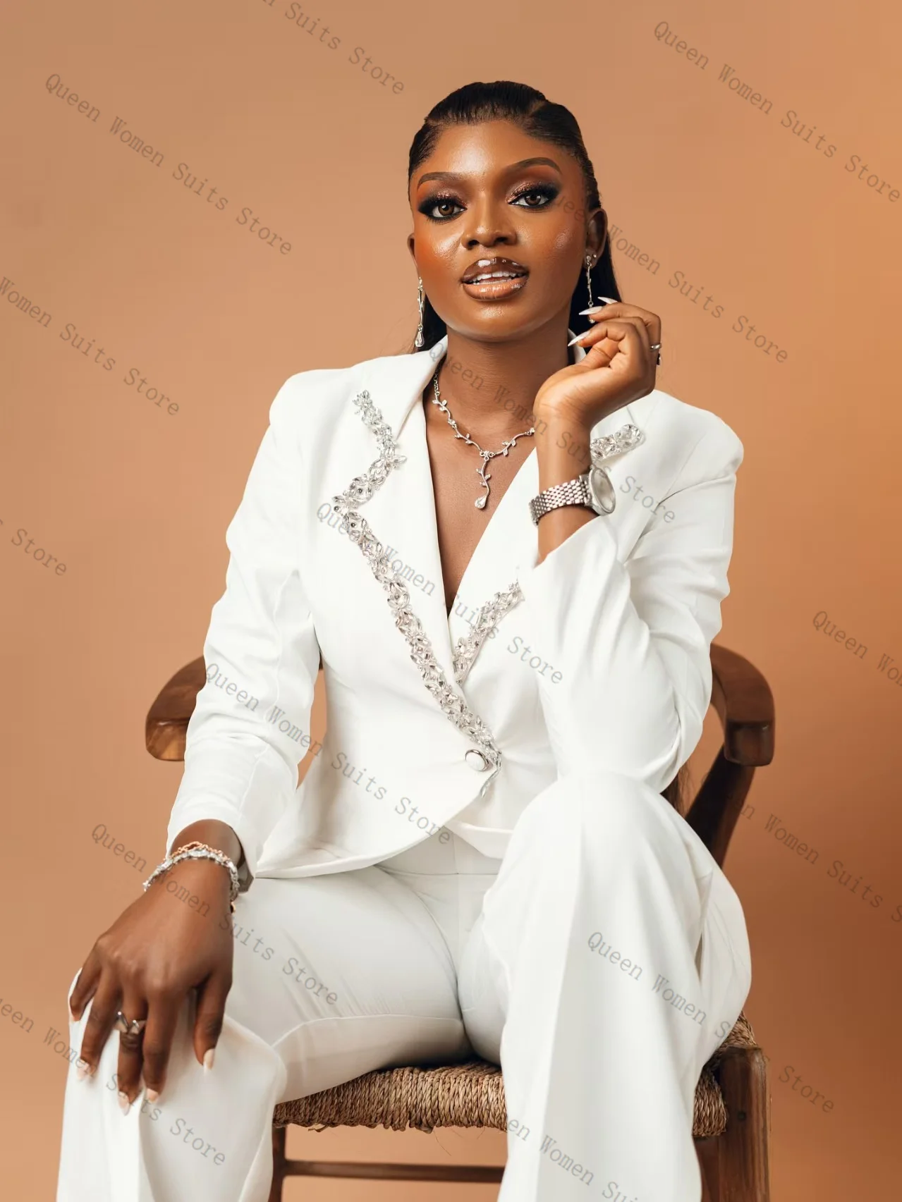 Set completo da donna con cristalli bianchi 2 pezzi blazer + pantaloni dritti pantaloni giacca da donna formale da ufficio in cotone cappotto da ballo di nozze personalizzato