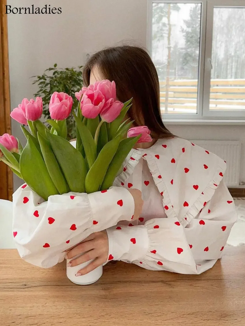 Bornladies-Blusa con volantes y cuello Peter Pan grande para mujer, camisas de algodón de manga larga con estampado de corazón, Tops para mujer,