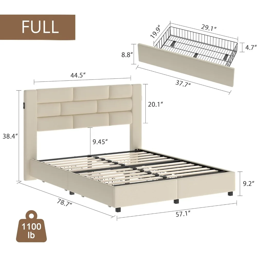 VECELO Full Bed Frame with 4 Storage Drawers, Upholstered Platform Beds with Velvet Headboard and Charging Station-Ports for USB