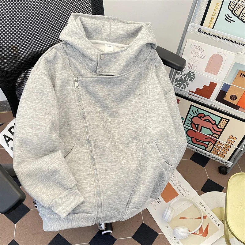 

Мужская оверсайз-куртка-худи в американском стиле с двойной молнией, асимметричная, уличная, весенняя, повседневная, немнущаяся