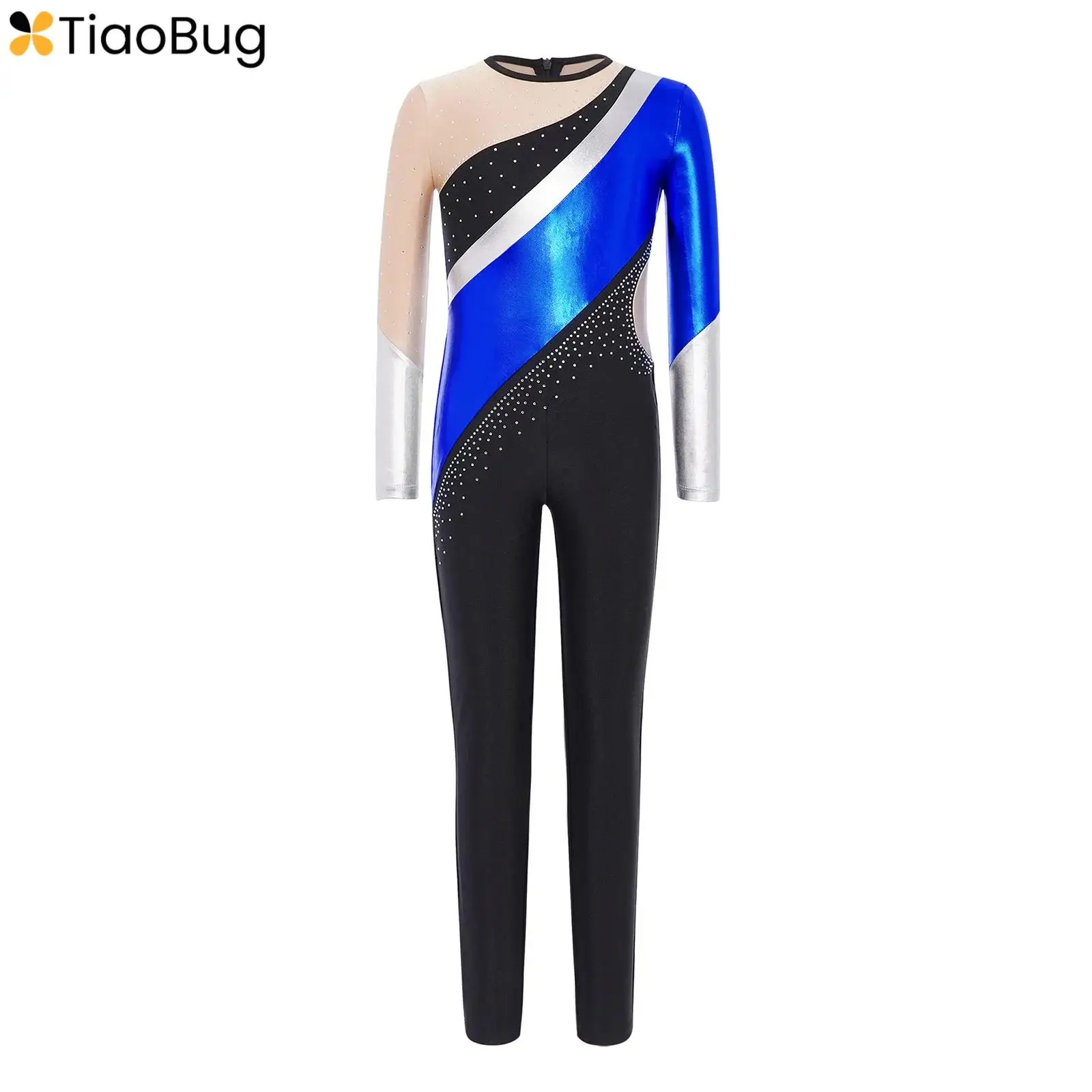 

Girls Gymnastics Jumpsuit Metallic Color Block Long Sleeve Round Neck Bodysuit for Dance Figure Skating Performance Competition