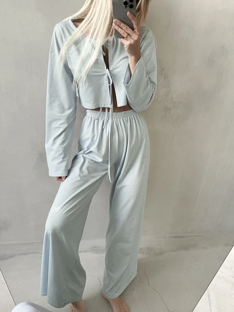 

HiLoc Blue Casual Stripe Pajamas Suits Women Lace-Up Shirts And Baggy Pants Two Pieces Sets Homewear 2024 Casual Pants 2-Piece