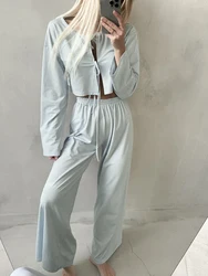 HiLoc Blue Casual Stripe Pajamas Suits Women Lace-Up Shirts And Baggy Pants Two Pieces Sets Homewear 2024 Casual Pants 2-Piece