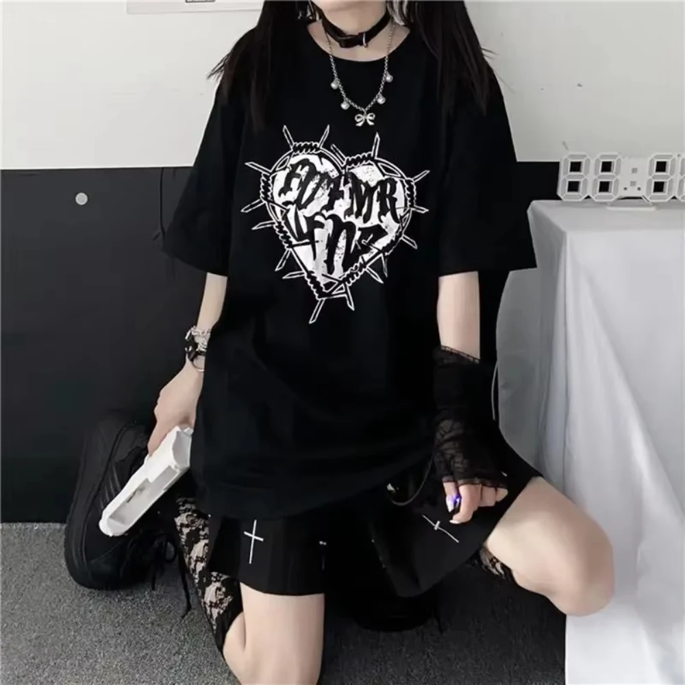 

Dark Gothic Emo Alt Short Sleeve O-neck Loose Black Tee Tops Y2k Fashion Goth Vintage Print T-shirt Women Harajuku Streetwear