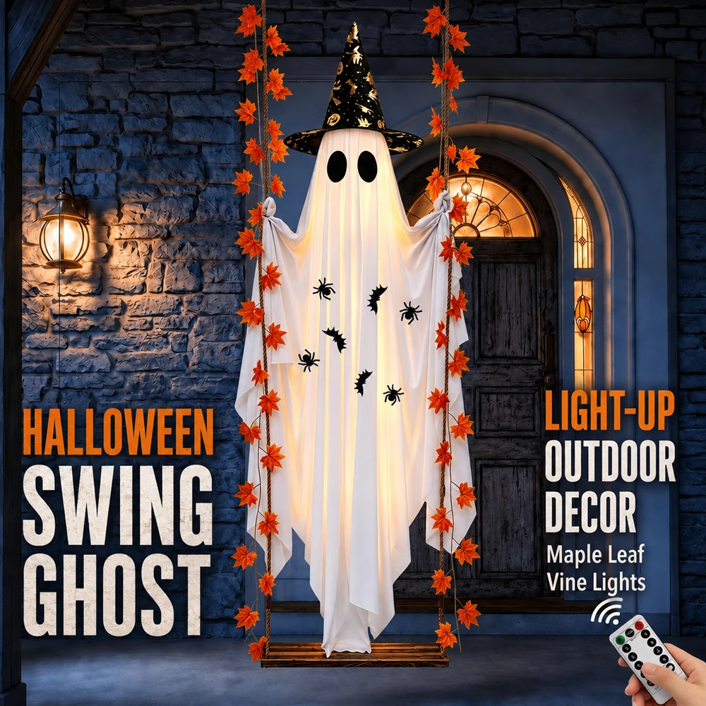 Swinging Ghost Outdoor Decor Light Up Large Hanging Ghost with String Lights for Porch Garden Patio Halloween Party Supplies