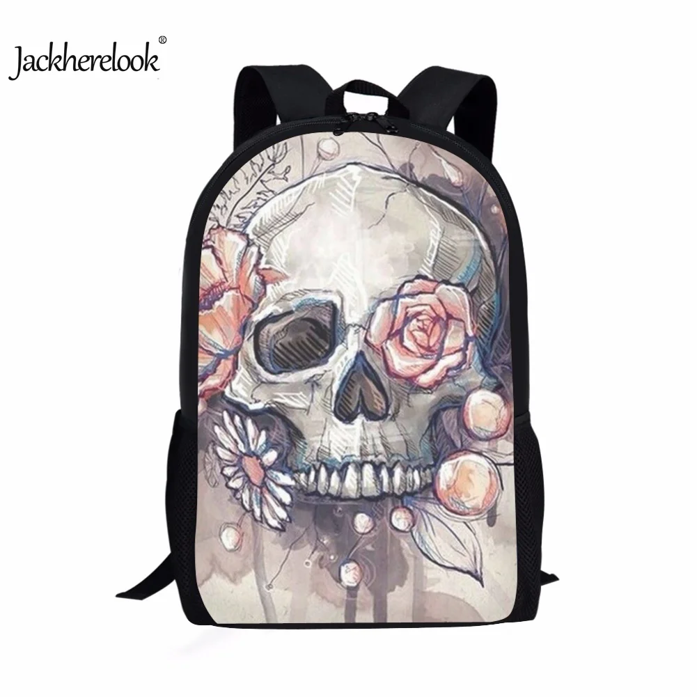 Jackherelook Fashion Skull Floral School Bags for Girls Boys Kids 3D Printing Students Schoolbag Causal Large Capacity Mochila