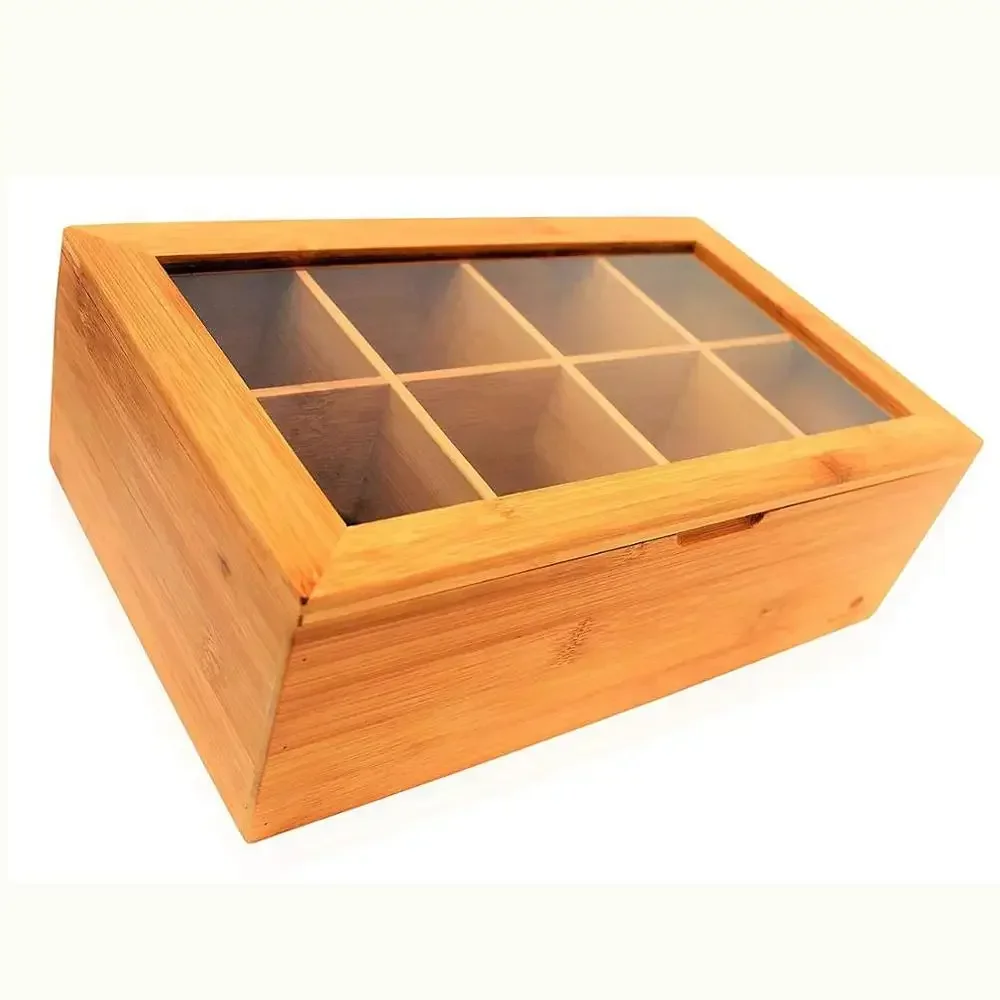 

Acrylic lid 8 compartment coffee adjustable popular wooden organizer bamboo tea bag storage box for tea bags
