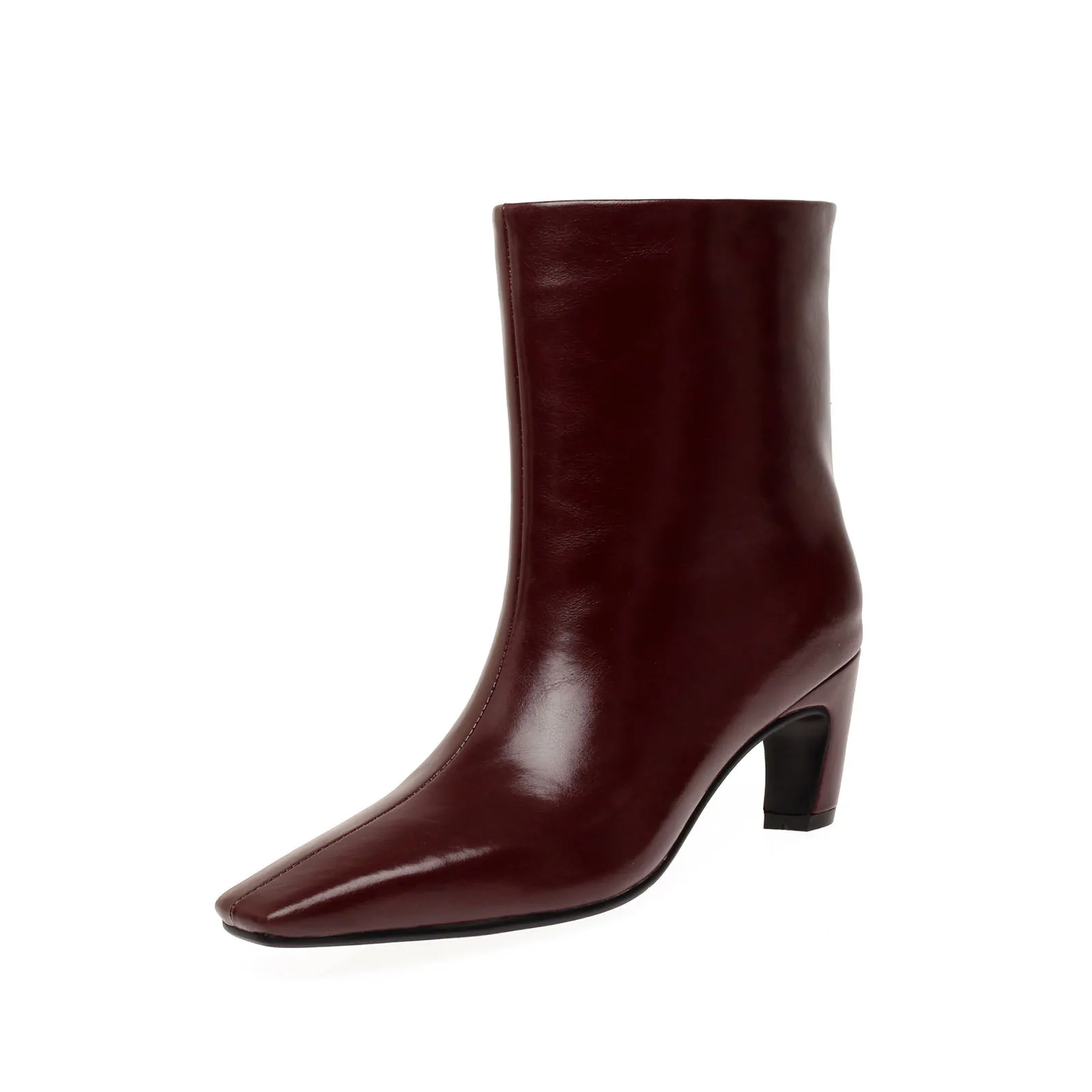 Arden Furtado Herbstrote Rindsleder-Kurzstiefel mit eckiger Spitze, zum Anziehen, modische Blockabsätze, moderne Stiefel, schlichter Stil, Halbstiefel