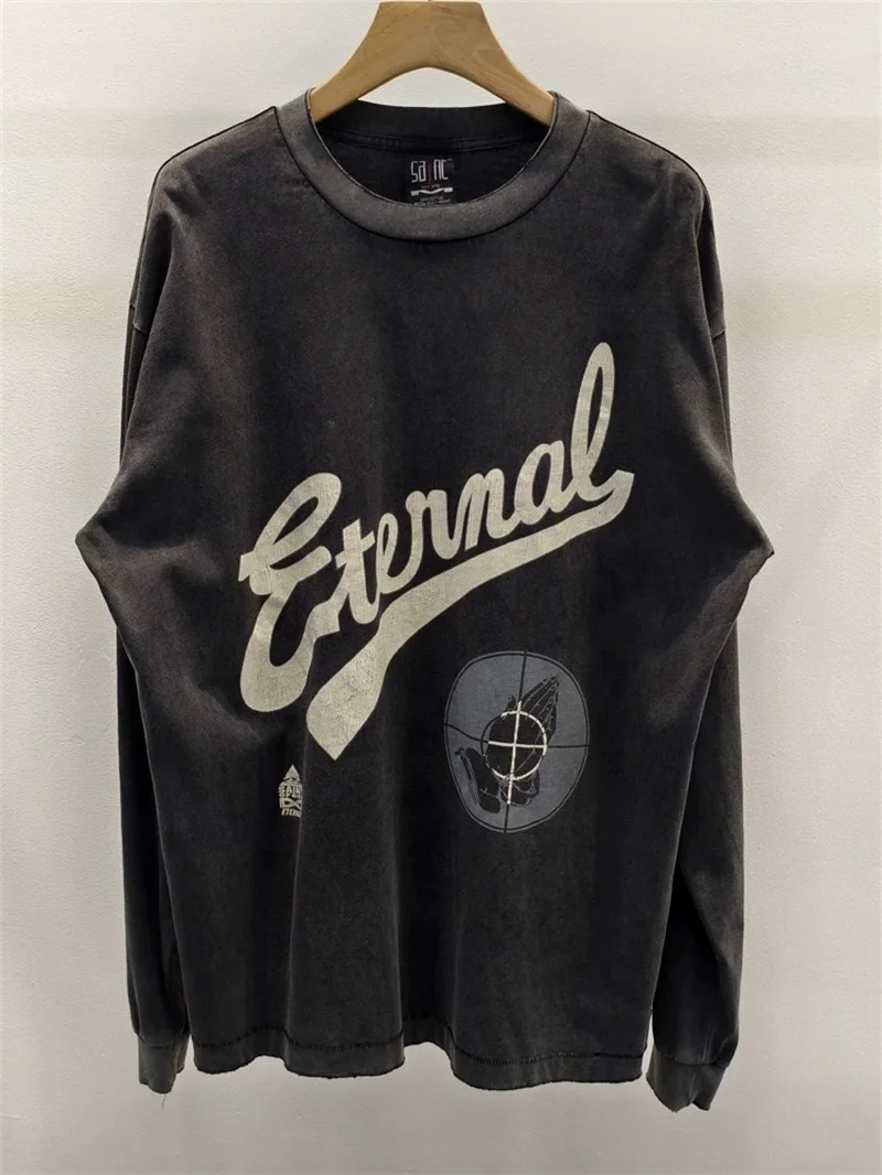 

Мужские толстовки Saint Michael Oversized Eternal с длинными рукавами, черные потертые толстовки