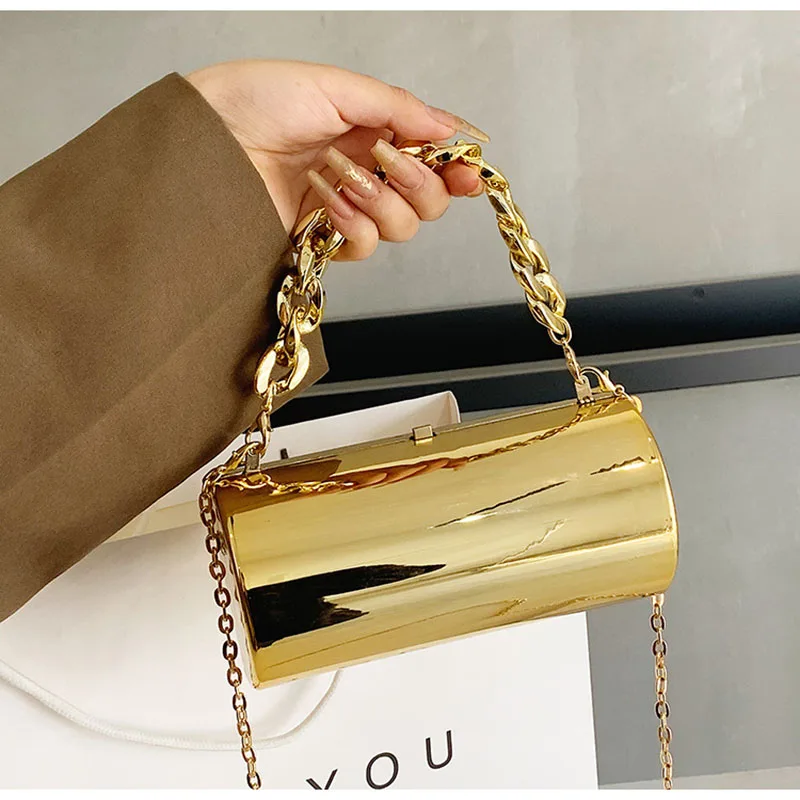 

Fashion Acrylic Ladies Handbags Candy Color Mirror Cylindrical Bag For Women Metal Chain Shoulder Crossbody Bags Party Clutches