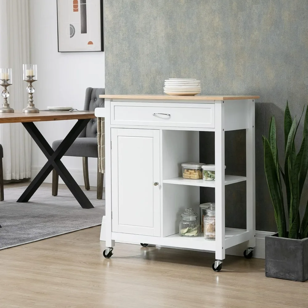 Kitchen Island Cart, Rolling Kitchen Island with Storage Shelf, Solid Wood Top, Drawer, for Dining Room, White thumbnail
