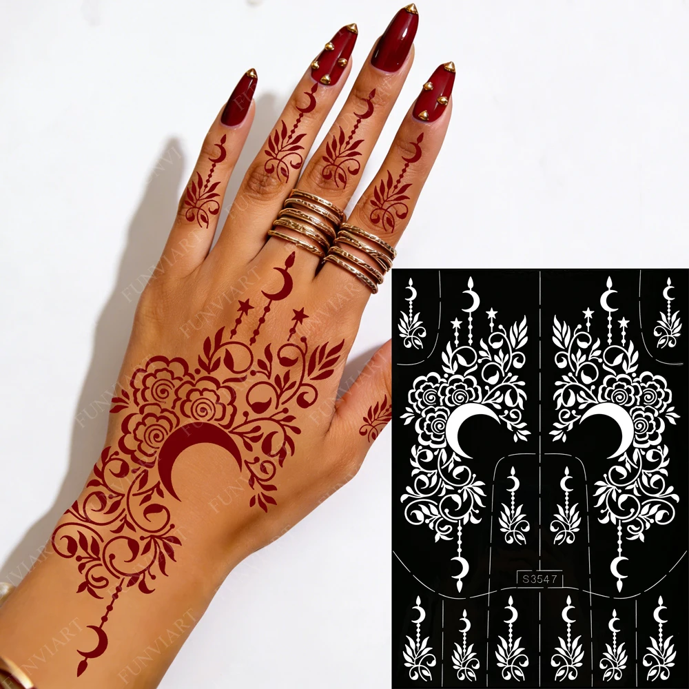 1 Sheet Moon Pattern Tattoo Stencil Flower Henna Tattoo Stencil Sticker Temporary Tattoo Templates For Hand Foot Body Painting