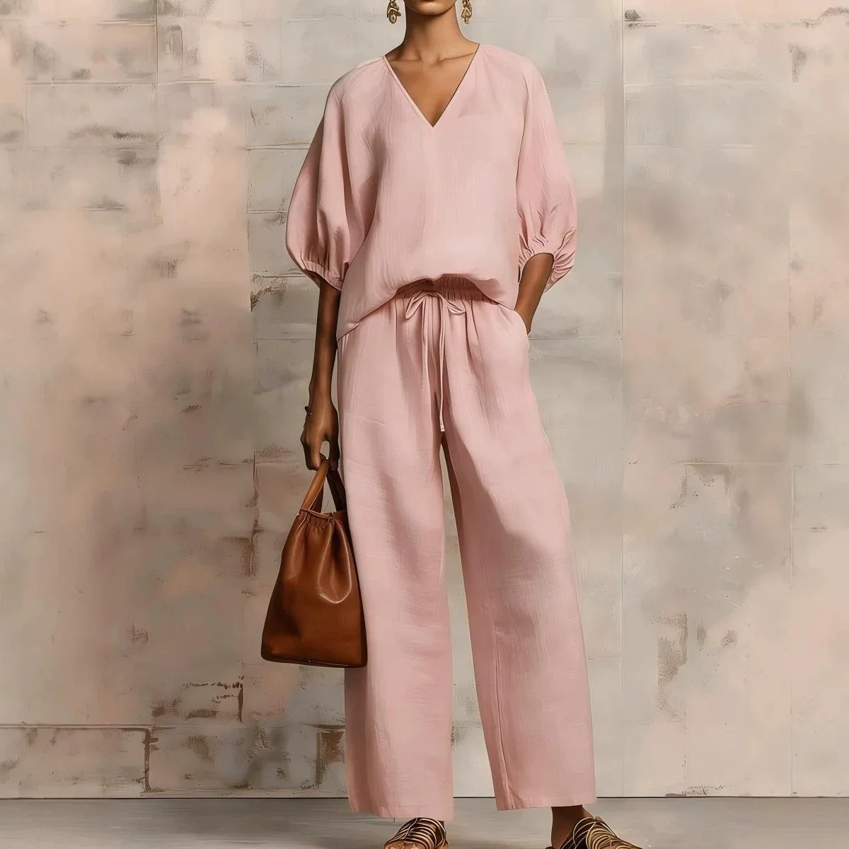 2026 New Women's Clothing: Minimalist,   Solid-color, Loose-fitting V-neck Random Two-piece Set Birthday Dress Elegant Prom