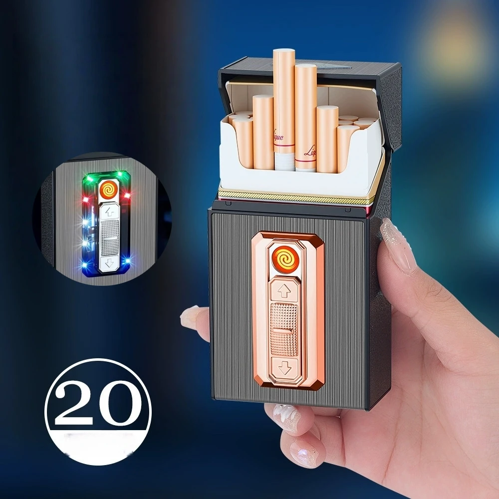 New USB Cigarette Case Lighter Rechargeable 20 Capacity Tungsten Ignition Color Light Outdoor Moisture-proof Lighter