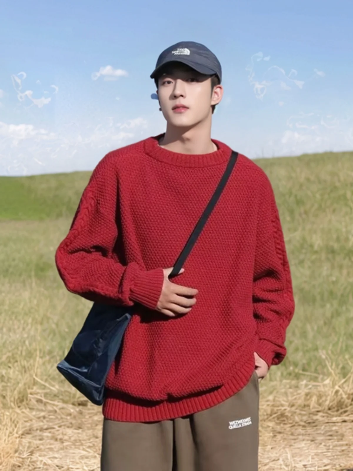 

Красный свободный мужской вязаный свитер в винтажном стиле, модный базовый слой для ношения под одеждой, зимний, комфортный, мягкий, из смесового полиэстера, с длинными рукавами