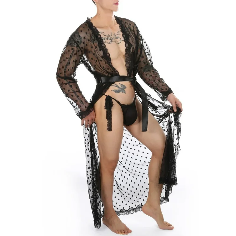 Men See-through Lace Night-robe Sexy Lingerie  Short Sleeve Cardigan Bathrobe With Nightwear Erotic See Through Men Dressing