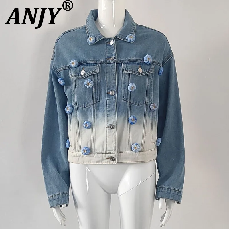 ANJY Spring Autumn New Women Gradient Design Niche Three-dimensional Floral Decoration Denim Jacket Tide Chic Washed Coat A27480