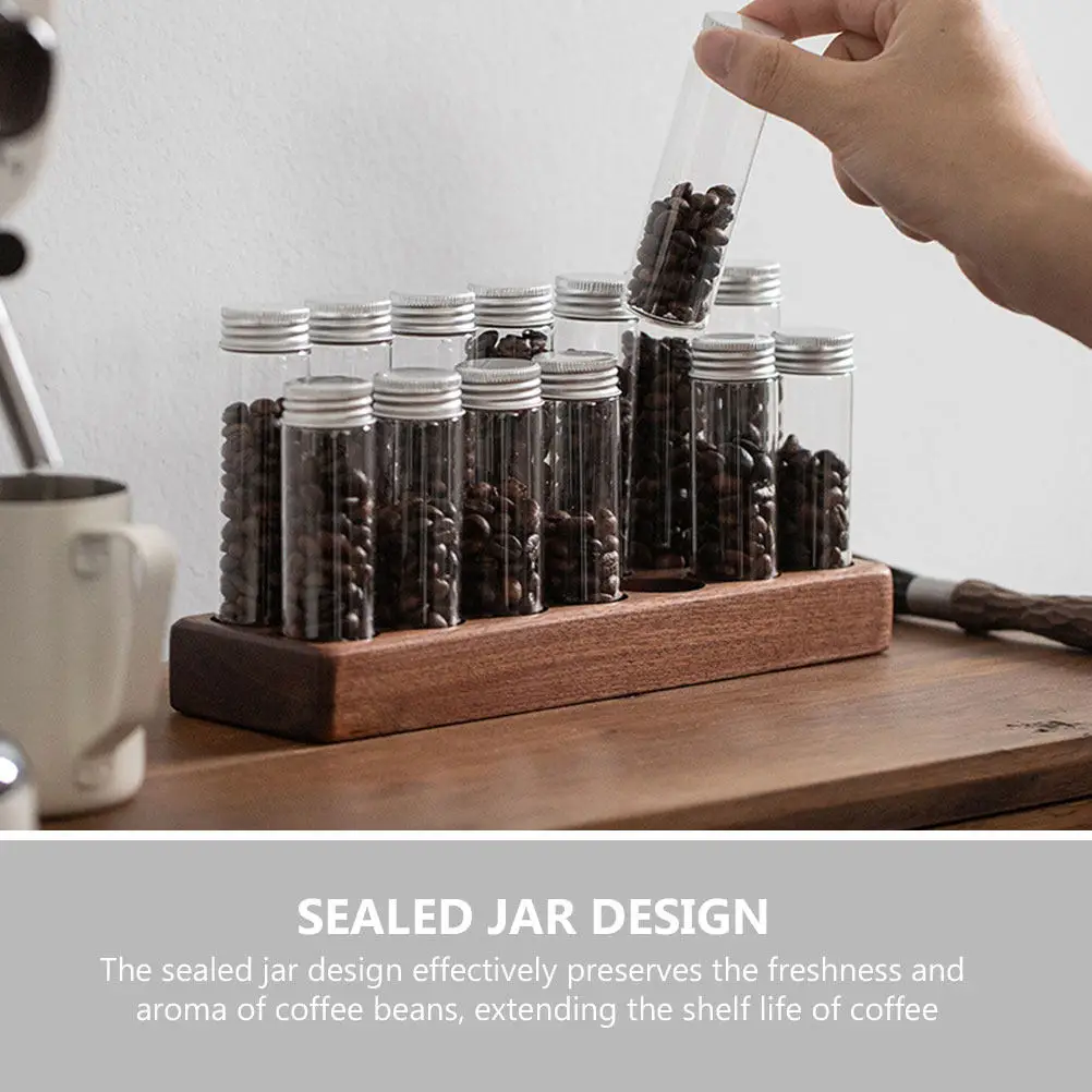 1Set Mini Coffee Bean Display Rack with Glass Test Tubes Wooden Base Sealed Storage Jar for Coffee Beans Tea Spices Jam