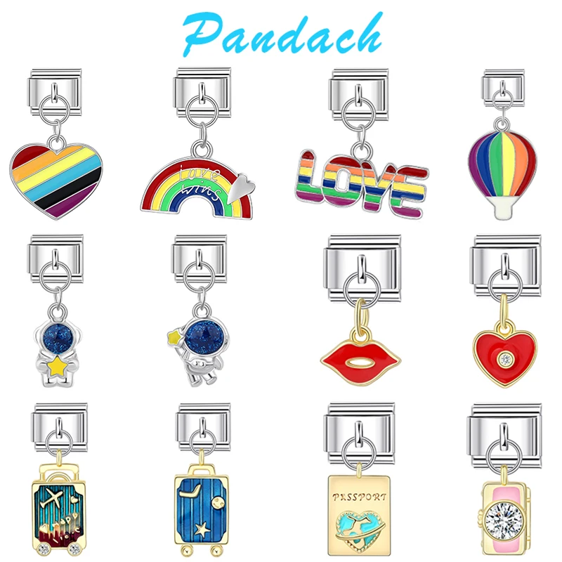 Pandach Fashion Rainbow Hot Air Balloon Luggage Astronaut Charms Italian Links Fit 9mm Bracelet Stainless Steel Jewelry Making