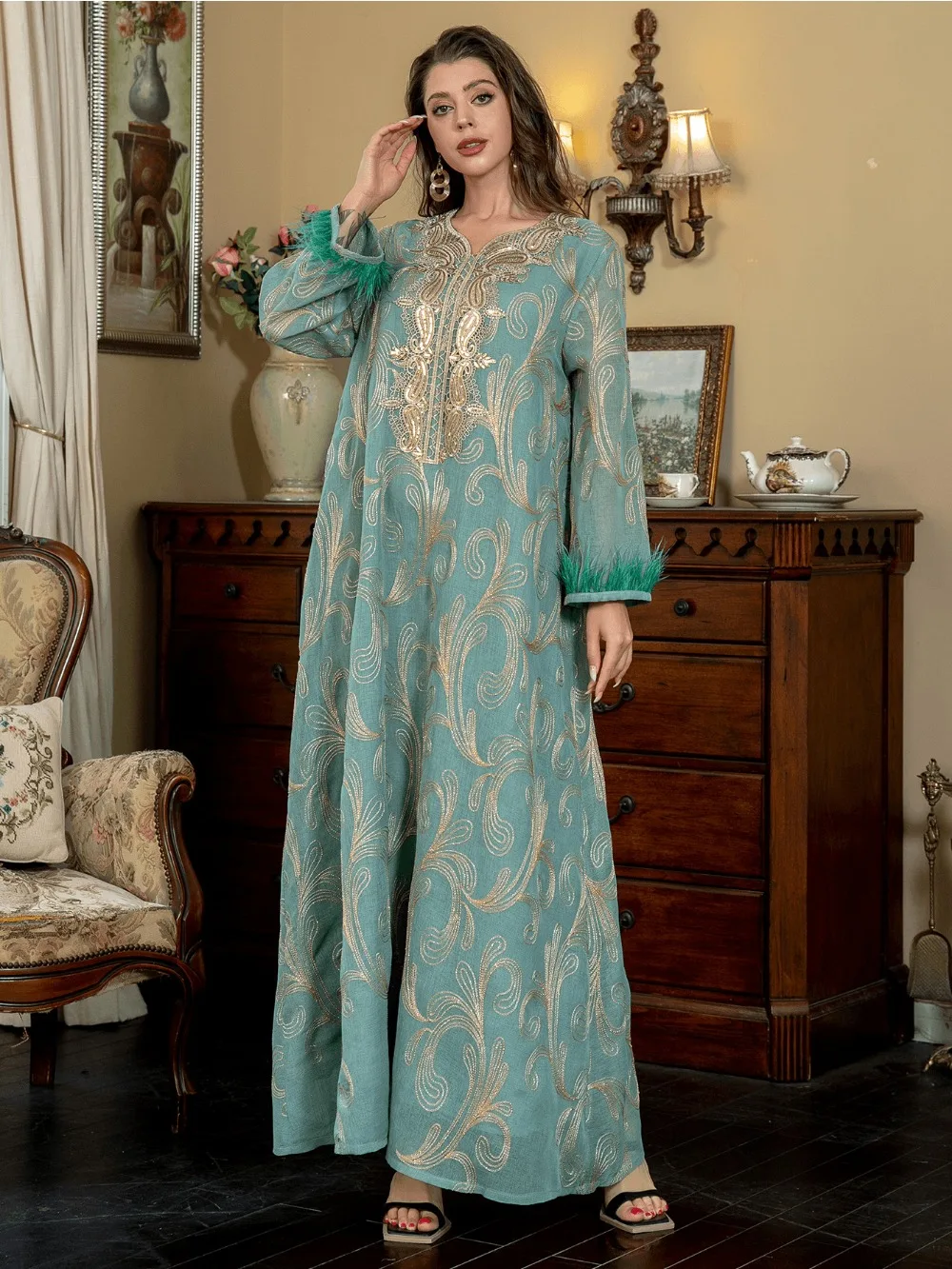 Robe musulmane Eid pour femmes, Abaya, broderie de plumes Jalabiya, robes de soirée, dubaï Abayas, robe caftan, longue robe arabe éducative, 2024