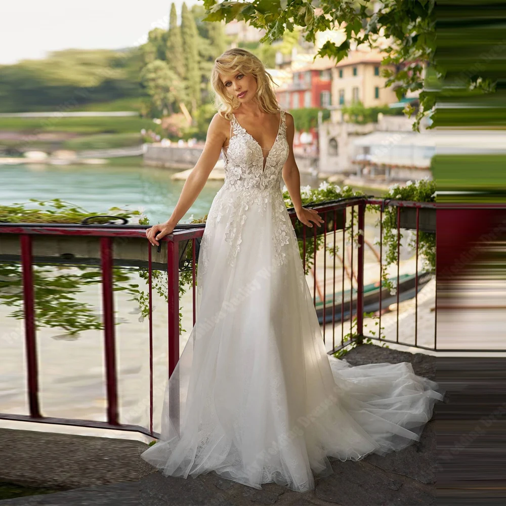 

Romatic Deep-V Neck Wedding Dresses Illusion Sexy Sleeveless Lace Printing A-Line Bridal Gowns Lace Embroidery Robes Customized