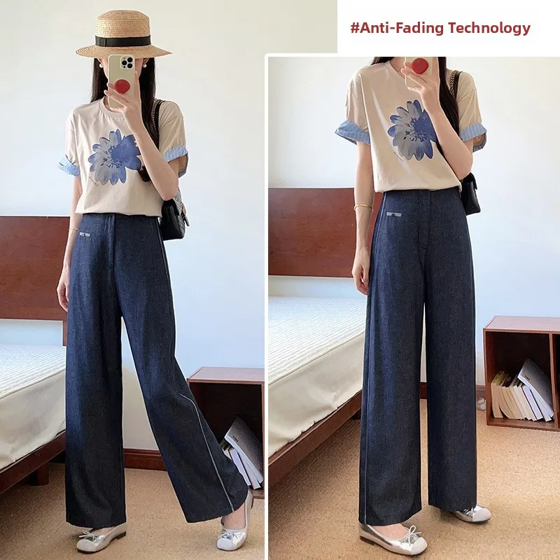High Waist Linen Straight Leg Pants Women's Summer Lightweight Drapey Premium Feeling Denim Blue Wide Leg Western Pants Anti-...